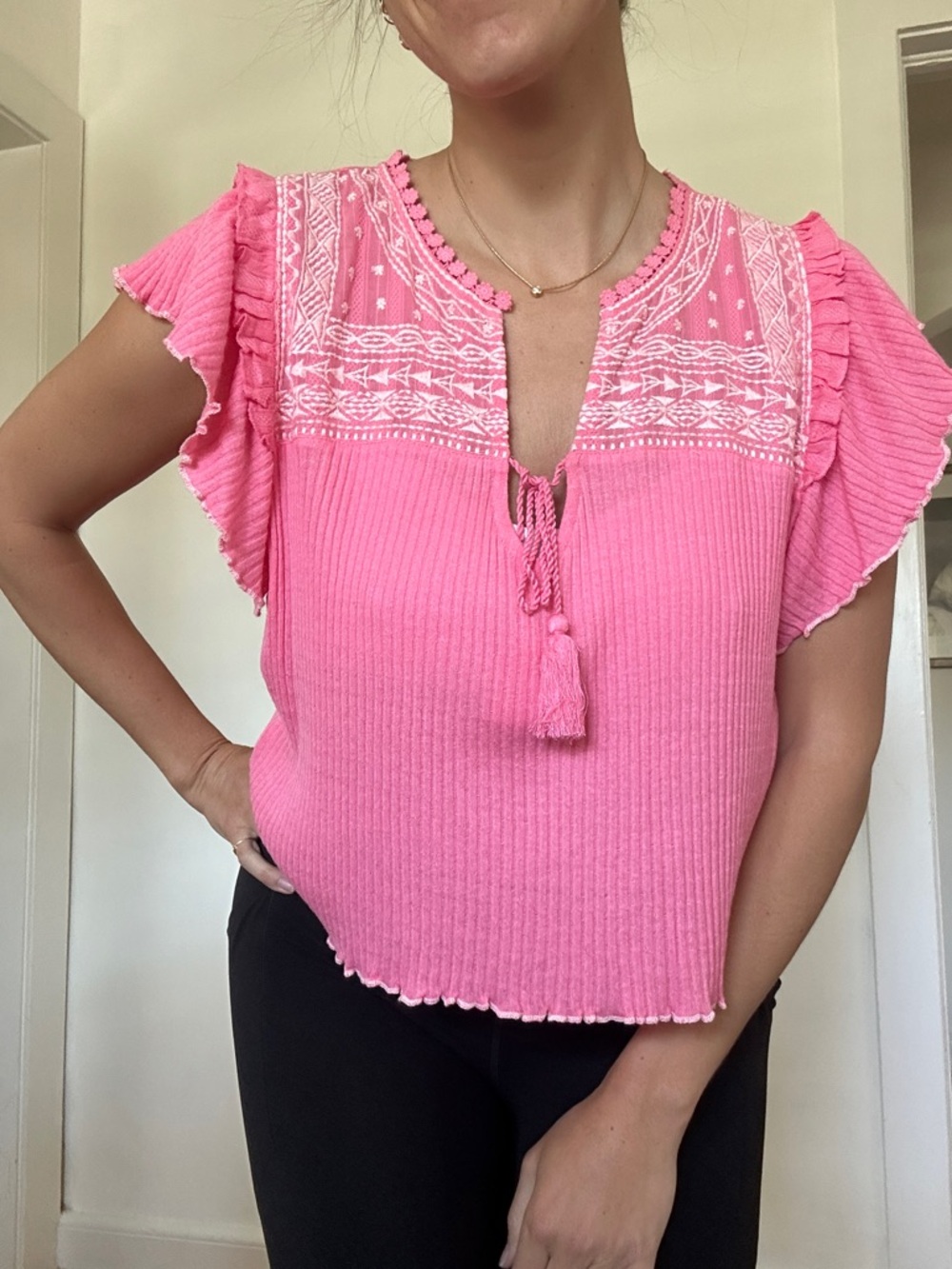Free People Pink Embroidered Flutter Sleeve Tie-Front Top